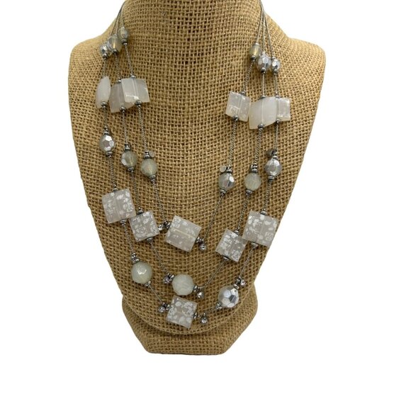 Multi-Layered White & Silver Bead Necklace With Lobster Clasp Multi Strand - Picture 1 of 4